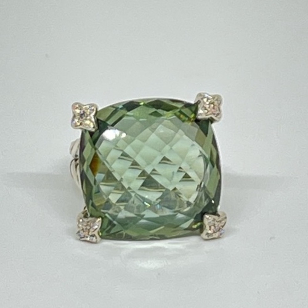 David Yurman Cushion On Point w faceted stone, pavé diamond accents split shank.